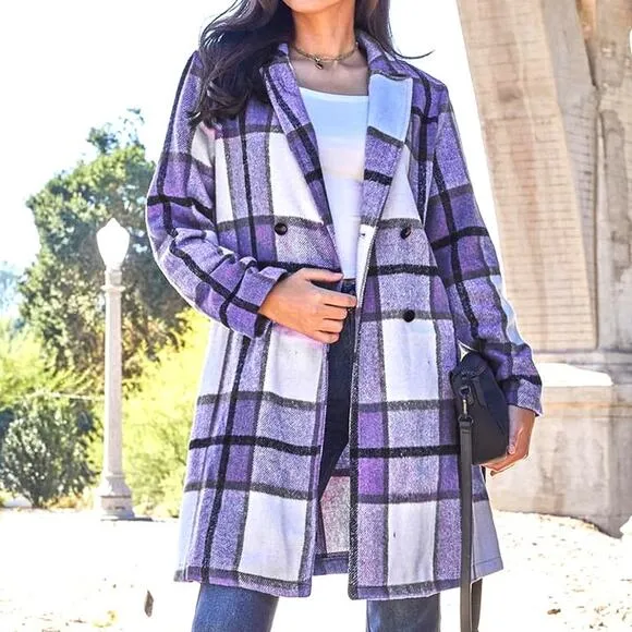DOUBLE TAKE Plus Purple Plaid Button Up Jacket Pockets Fall NEW Plus 3XL