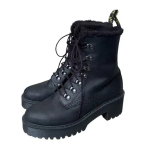 DR DOC MARTENS Womens Size 6 Black Leather Leona Faux Fur Lined Combat Boots