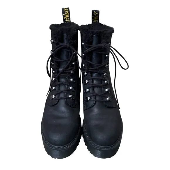 DR DOC MARTENS Womens Size 6 Black Leather Leona Faux Fur Lined Combat Boots