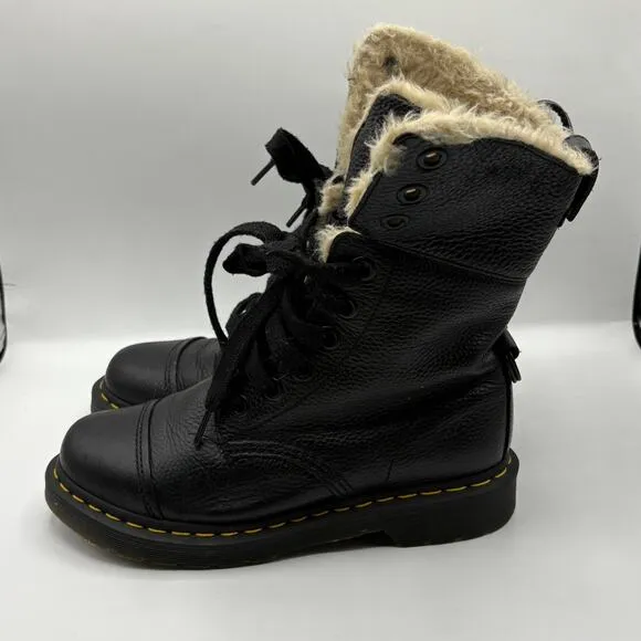 DR. MARTEN Aimilita Faux Fur Lined Leather High Boots Black Sz 7