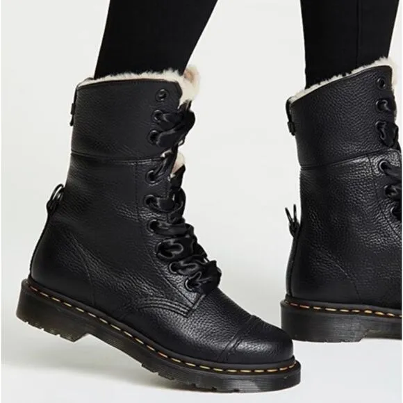 DR. MARTEN Aimilita Faux Fur Lined Leather High Boots Black Sz 7
