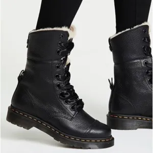DR. MARTEN Aimilita Faux Fur Lined Leather High Boots Black Sz 7