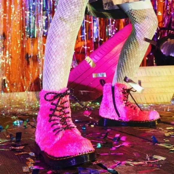 Dr. Martens 1460 Pascal Pink Tinsel Faux Fur Boots, Size 12 Toddler, New