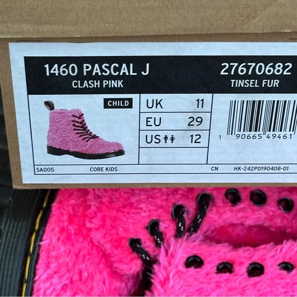 Dr. Martens 1460 Pascal Pink Tinsel Faux Fur Boots, Size 12 Toddler, New