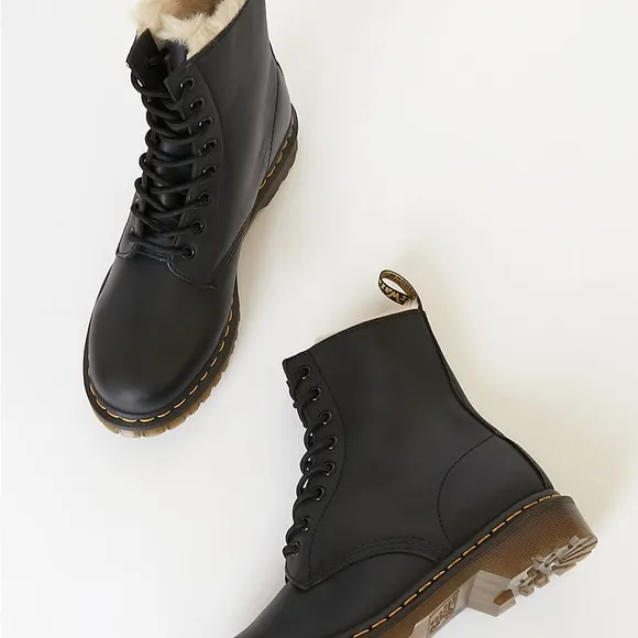 Dr. Martens 1460 Serena Black Burnished Leather Faux Fur Lined Platform Boots