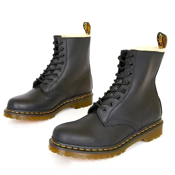 Dr. Martens 1460 Serena Black Burnished Leather Faux Fur Lined Platform Boots