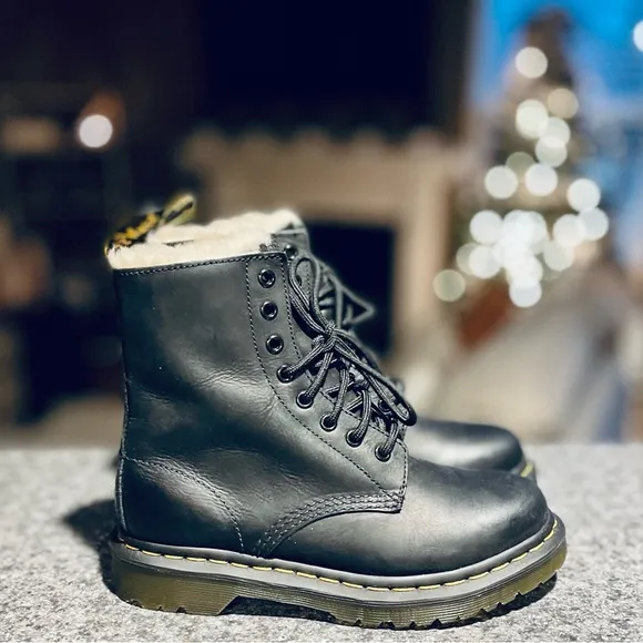 Dr. Martens 1460 Serena Black Burnished Leather Faux Fur Lined Platform Boots