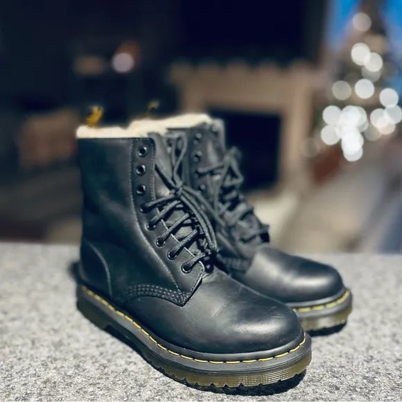 Dr. Martens 1460 Serena Black Burnished Leather Faux Fur Lined Platform Boots