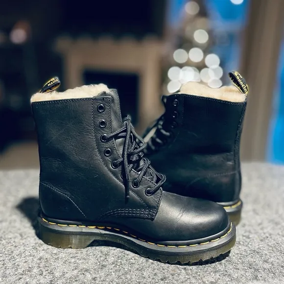 Dr. Martens 1460 Serena Black Burnished Leather Faux Fur Lined Platform Boots