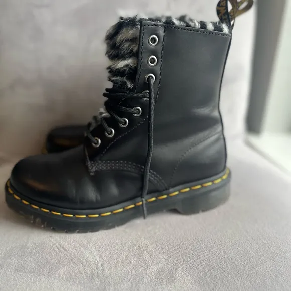 Dr. Martens Black Faux Fur Boots 1460 Serena Zebra Black Combat Boots Womens