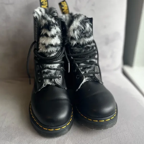 Dr. Martens Black Faux Fur Boots 1460 Serena Zebra Black Combat Boots Womens