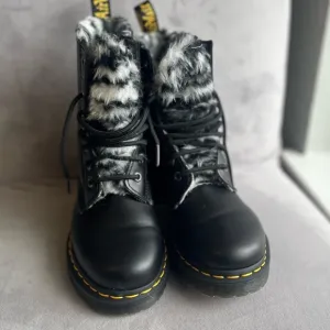 Dr. Martens Black Faux Fur Boots 1460 Serena Zebra Black Combat Boots Womens