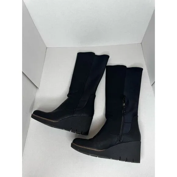 Dr. Scholl's Black Lindy Women's Wedge Tall Faux leather Boots size 10