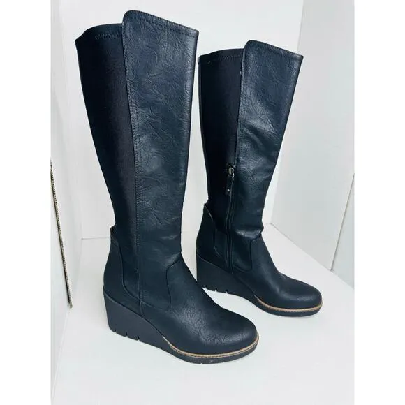 Dr. Scholl's Black Lindy Women's Wedge Tall Faux leather Boots size 10