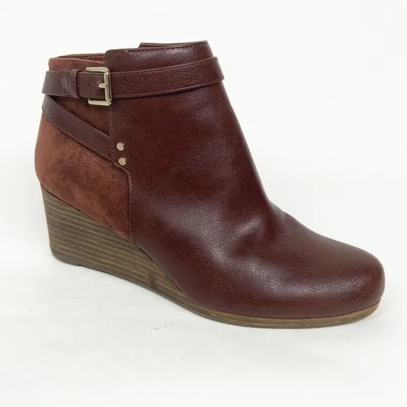 Dr. Scholls Cool Fit Memory Foam Double Vegan Leather Faux Suede Wedge Bootie