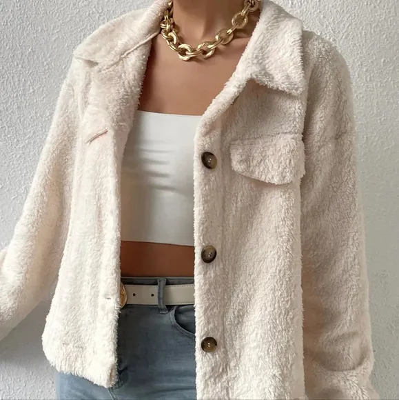 Drop Shoulder Flap Detail Teddy Jacket