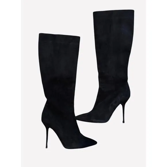 Dune London Black Suede Stiletto Knee High Boots Side Zipper Womens Type Size 40