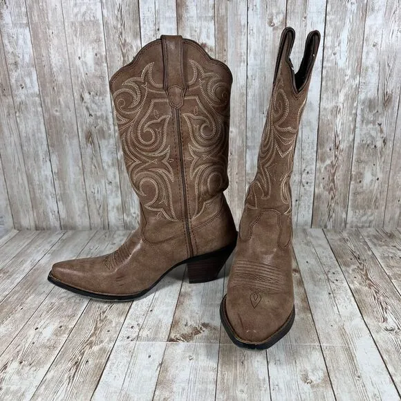 Durango Western Cowgirl‎ Boots Brown Suede Embroidered Pointed Toe Size 6