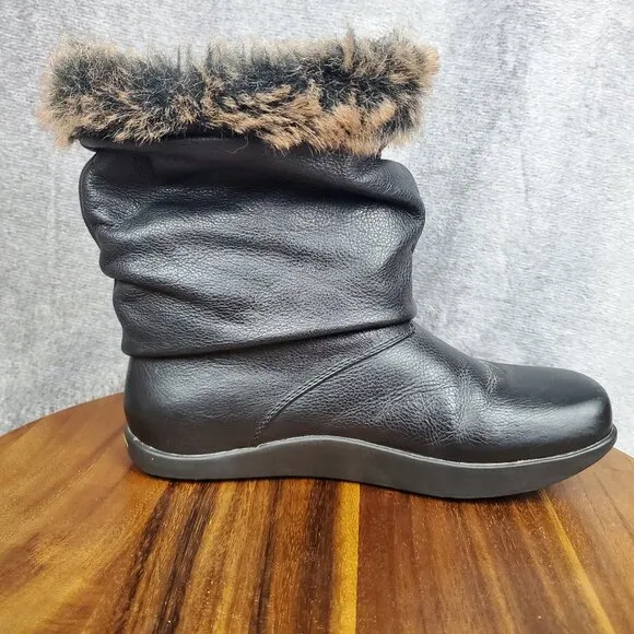 Earth Kalso Boots Women's 6.5 B Black Leather Pull On Faux Fur Comfort Booties