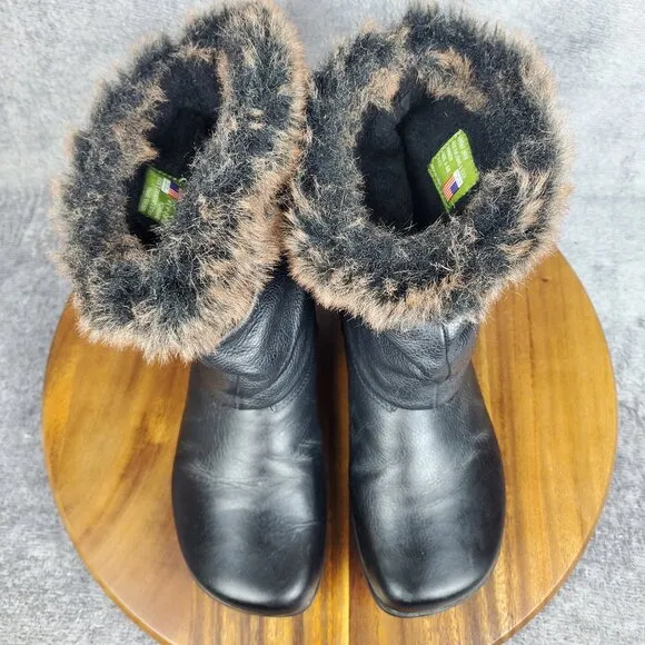 Earth Kalso Boots Women's 6.5 B Black Leather Pull On Faux Fur Comfort Booties