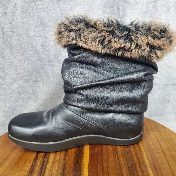 Earth Kalso Boots Women's 6.5 B Black Leather Pull On Faux Fur Comfort Booties