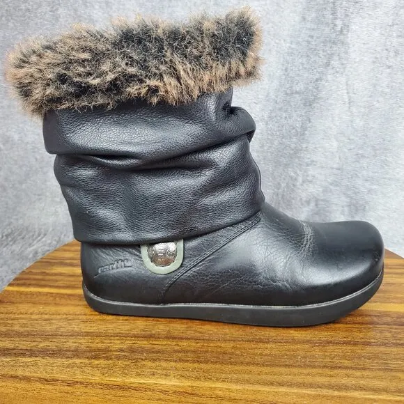 Earth Kalso Boots Women's 6.5 B Black Leather Pull On Faux Fur Comfort Booties
