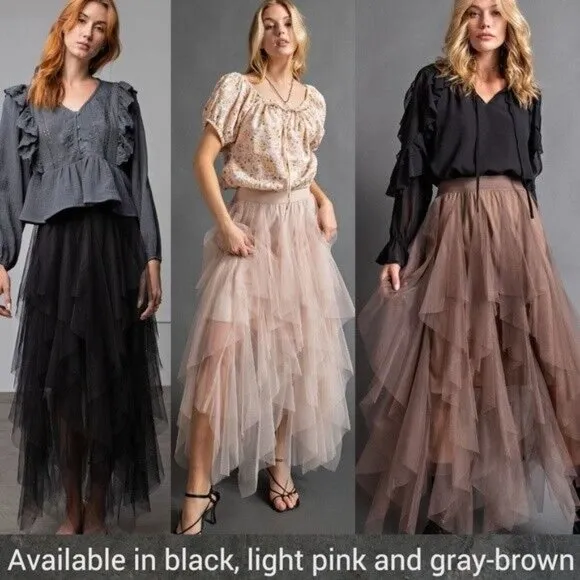 EASEL Size S - L Tiered Mesh Overlay Waterfall Lined Midi Maxi Ballerina Skirt