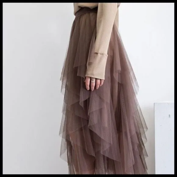 EASEL Size S - L Tiered Mesh Overlay Waterfall Lined Midi Maxi Ballerina Skirt