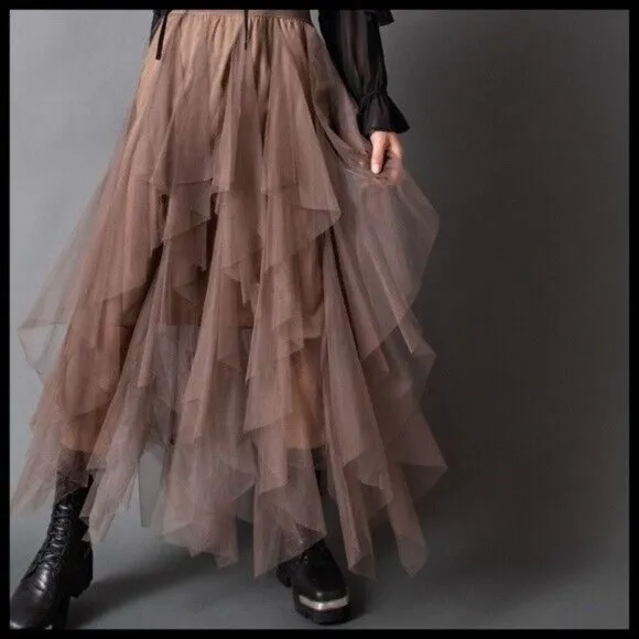 EASEL Size S - L Tiered Mesh Overlay Waterfall Lined Midi Maxi Ballerina Skirt
