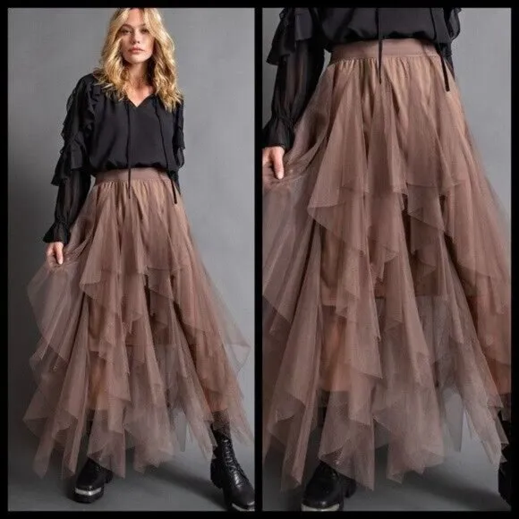 EASEL Size S - L Tiered Mesh Overlay Waterfall Lined Midi Maxi Ballerina Skirt