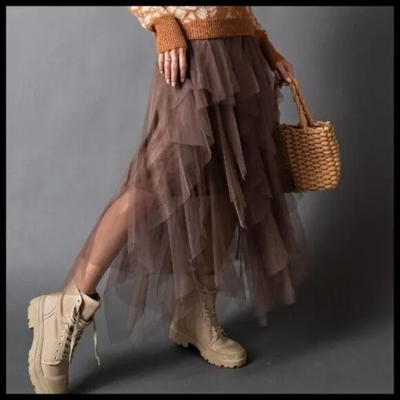 EASEL Size S - L Tiered Mesh Overlay Waterfall Lined Midi Maxi Ballerina Skirt