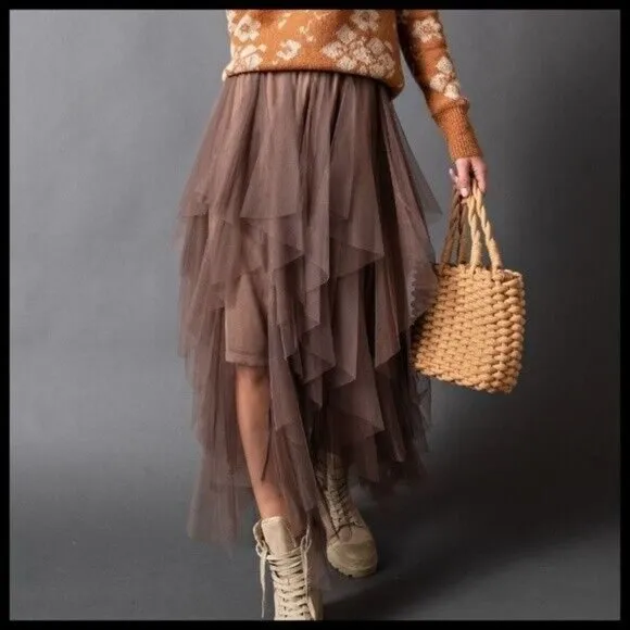 EASEL Size S - L Tiered Mesh Overlay Waterfall Lined Midi Maxi Ballerina Skirt