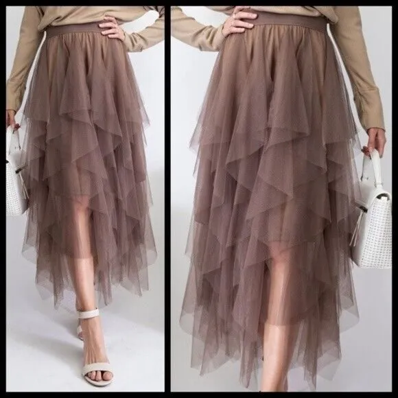 EASEL Size S - L Tiered Mesh Overlay Waterfall Lined Midi Maxi Ballerina Skirt