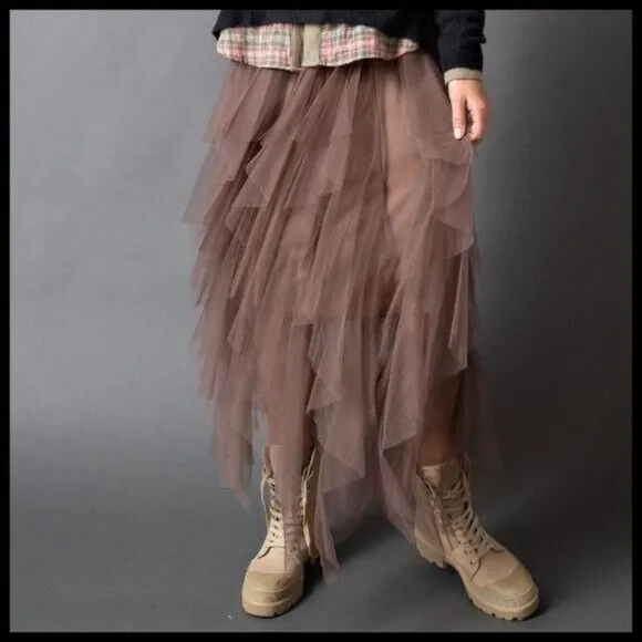 EASEL Size S - L Tiered Mesh Overlay Waterfall Lined Midi Maxi Ballerina Skirt