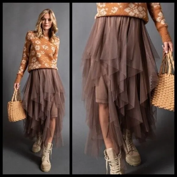 EASEL Size S - L Tiered Mesh Overlay Waterfall Lined Midi Maxi Ballerina Skirt