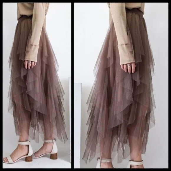 EASEL Size S - L Tiered Mesh Overlay Waterfall Lined Midi Maxi Ballerina Skirt