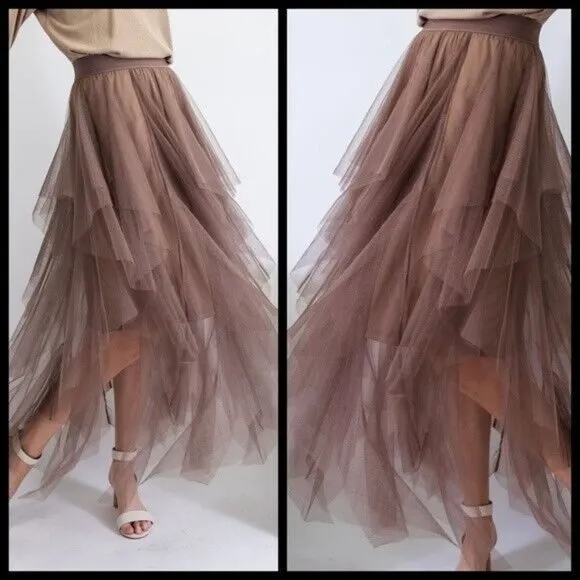 EASEL Size S - L Tiered Mesh Overlay Waterfall Lined Midi Maxi Ballerina Skirt