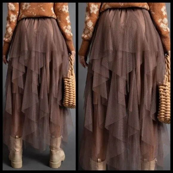 EASEL Size S - L Tiered Mesh Overlay Waterfall Lined Midi Maxi Ballerina Skirt