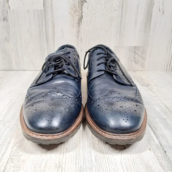 Ecco Navy Blue Leather Wingtip Oxford Dress Shoes Men’s Brogue Detail #1085
