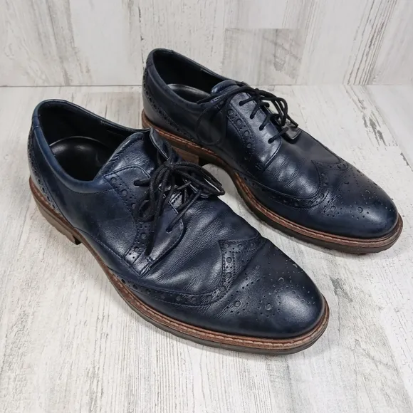Ecco Navy Blue Leather Wingtip Oxford Dress Shoes Men’s Brogue Detail #1085