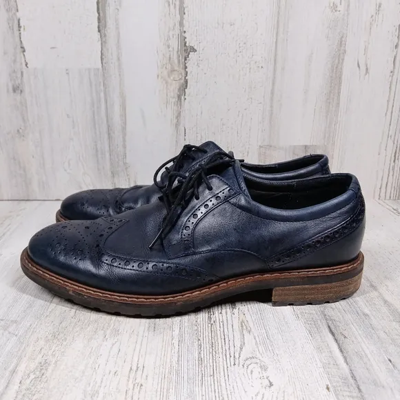 Ecco Navy Blue Leather Wingtip Oxford Dress Shoes Men’s Brogue Detail #1085