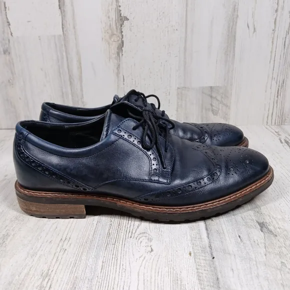 Ecco Navy Blue Leather Wingtip Oxford Dress Shoes Men’s Brogue Detail #1085