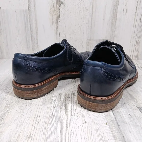 Ecco Navy Blue Leather Wingtip Oxford Dress Shoes Men’s Brogue Detail #1085