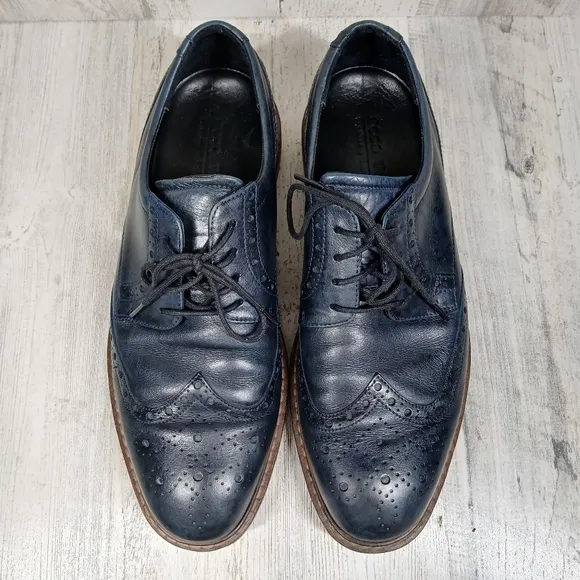 Ecco Navy Blue Leather Wingtip Oxford Dress Shoes Men’s Brogue Detail #1085
