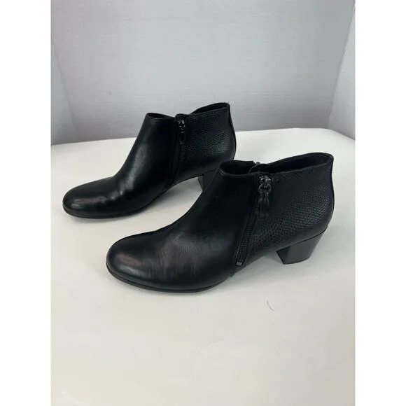 ECCO Touch 35 Women’s Black Leather 2 Side Zip Up Block Heel Ankle Boots Sz 10
