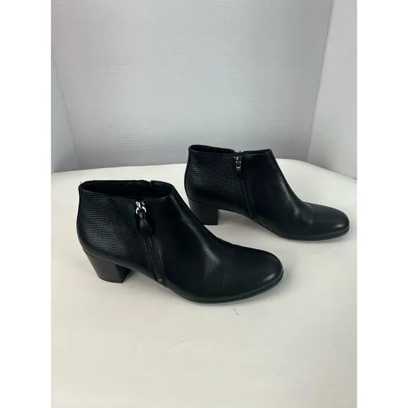 ECCO Touch 35 Women’s Black Leather 2 Side Zip Up Block Heel Ankle Boots Sz 10