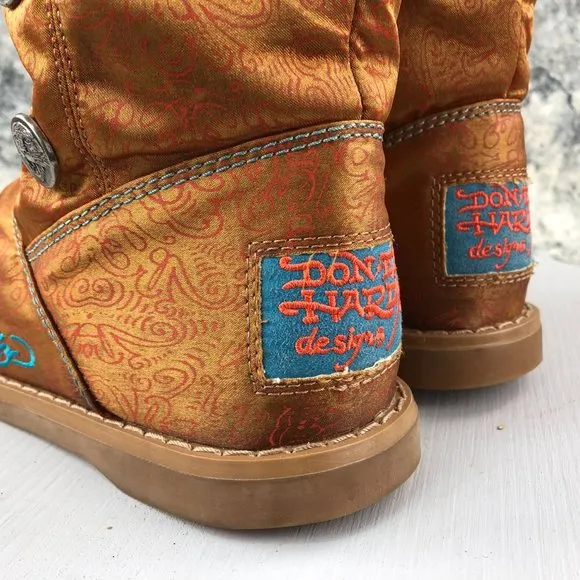 ED HARDY Women's 5 Kiss of Death Geisha Girl Satin Tan Lined Pull On Boots