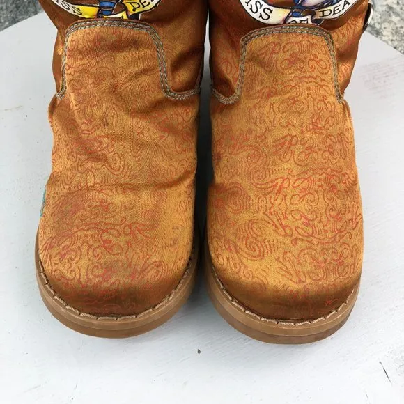 ED HARDY Women's 5 Kiss of Death Geisha Girl Satin Tan Lined Pull On Boots