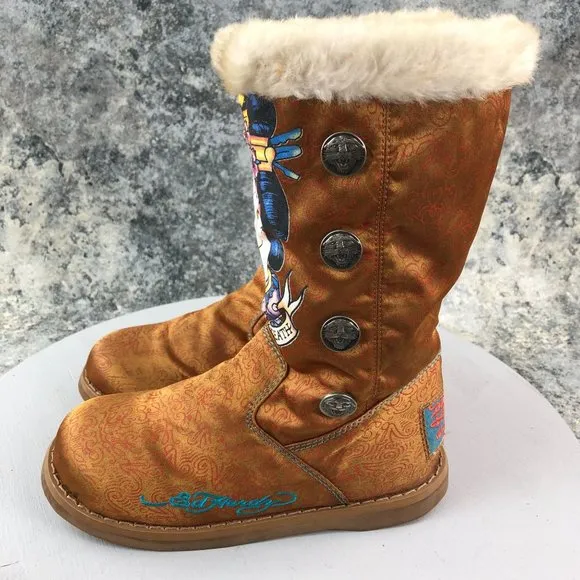 ED HARDY Women's 5 Kiss of Death Geisha Girl Satin Tan Lined Pull On Boots
