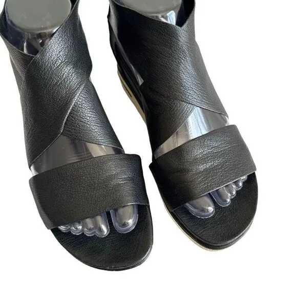 Eileen Fisher Black Leather Crossed Straps Sandals Wedge Women Size 7.5 Open Toe